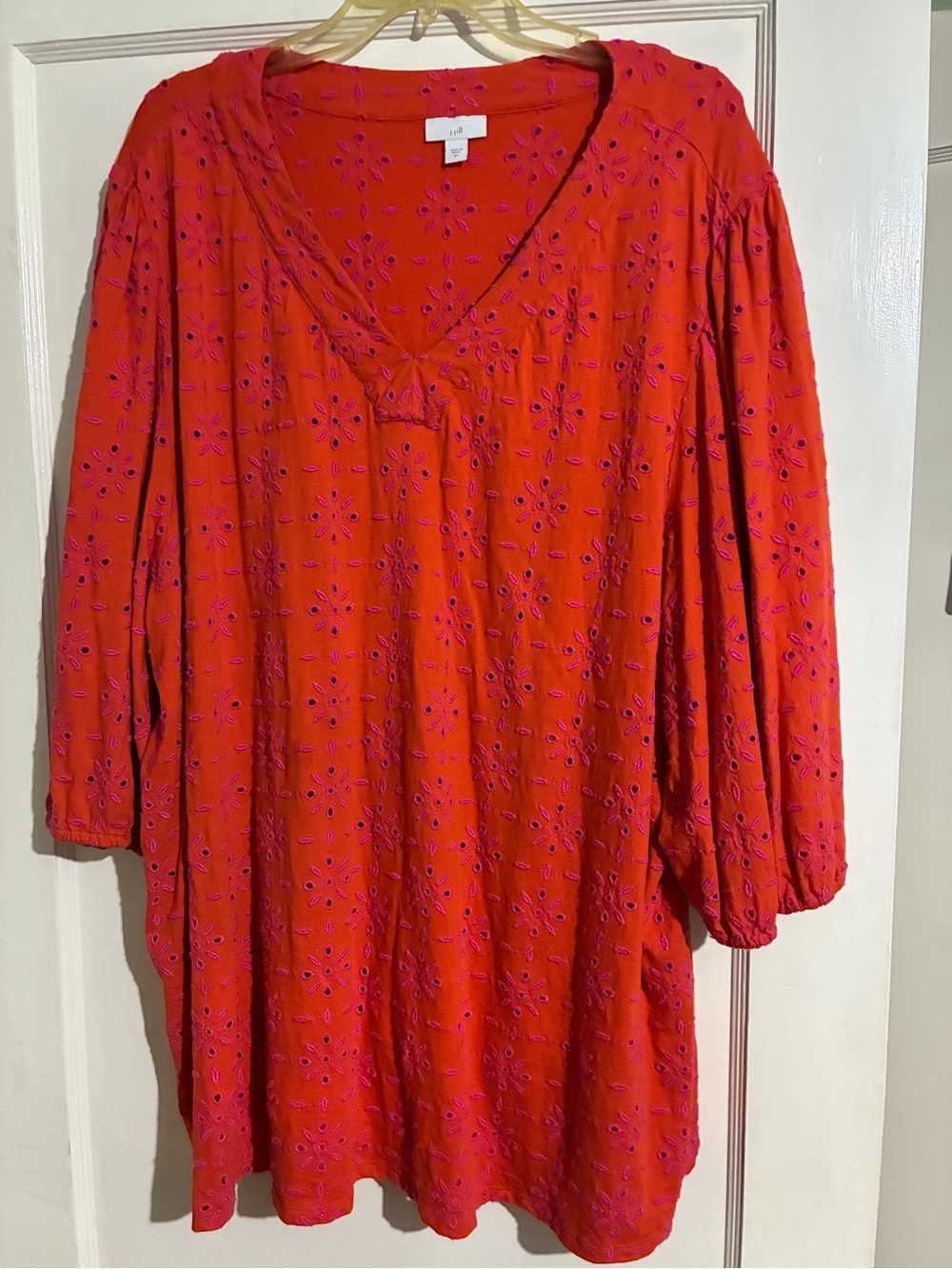 Women’s Coral and Pink Eyelet V-Neck Tunic Dress